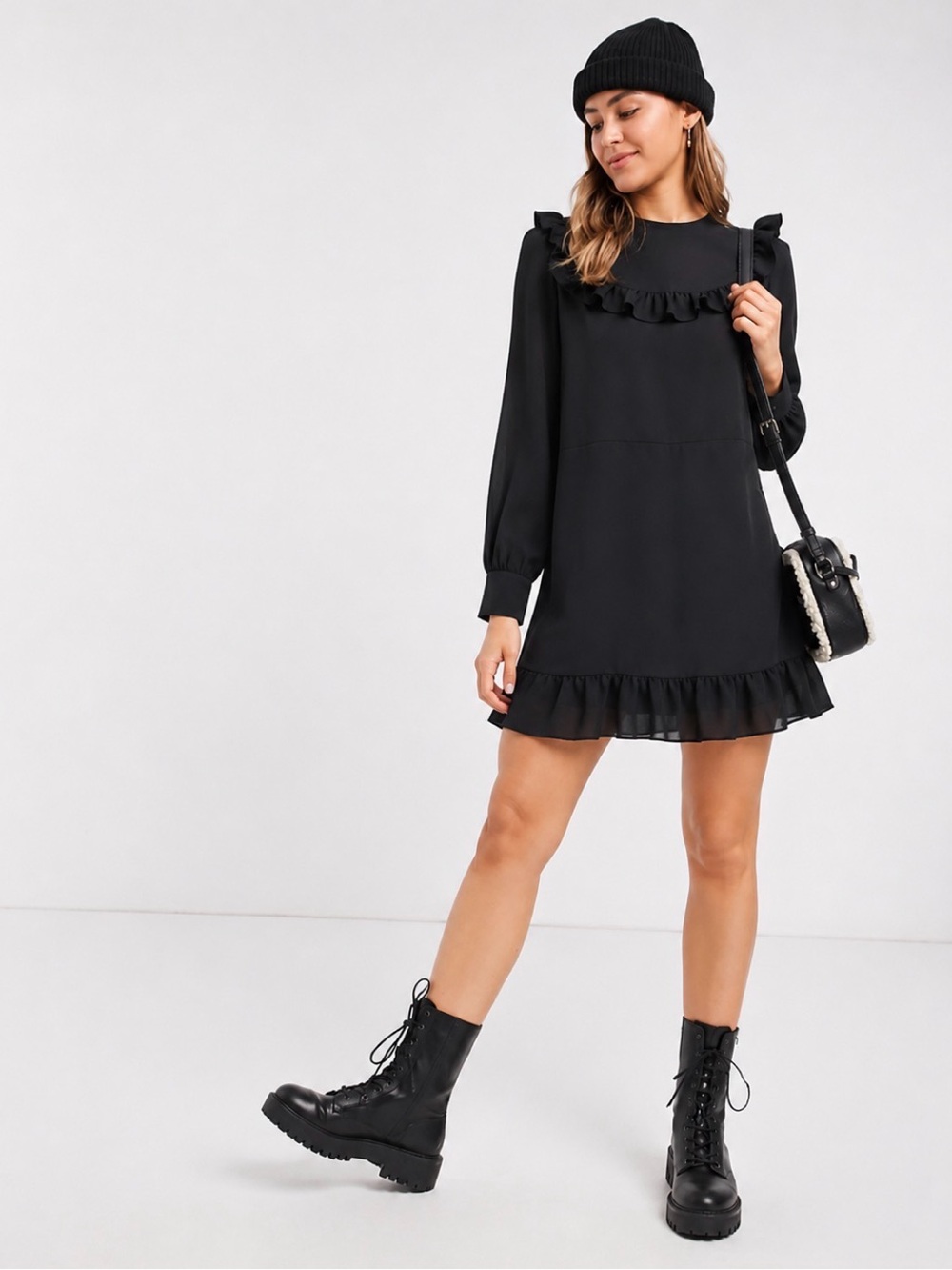 Who What Wear Black Ruffle Hem Long Sleeve Mini Shift Dress - Women's Size XS